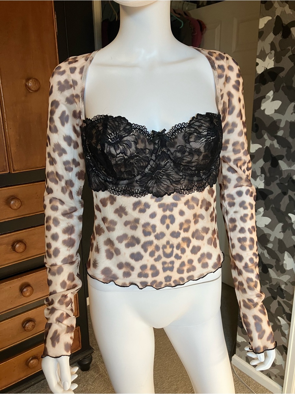 I.AM.GIA Leopard Mesh Long Sleeve Top with Black Lace Bust